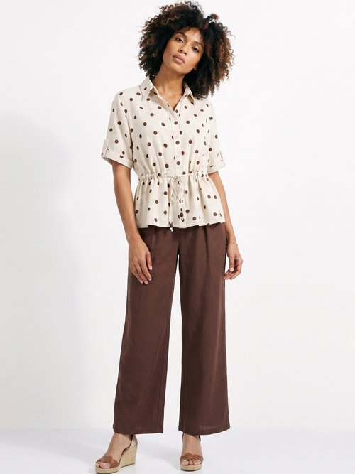 Blouse à pois ceinturée, avec lin Femme Beige ATT-8709 SI1