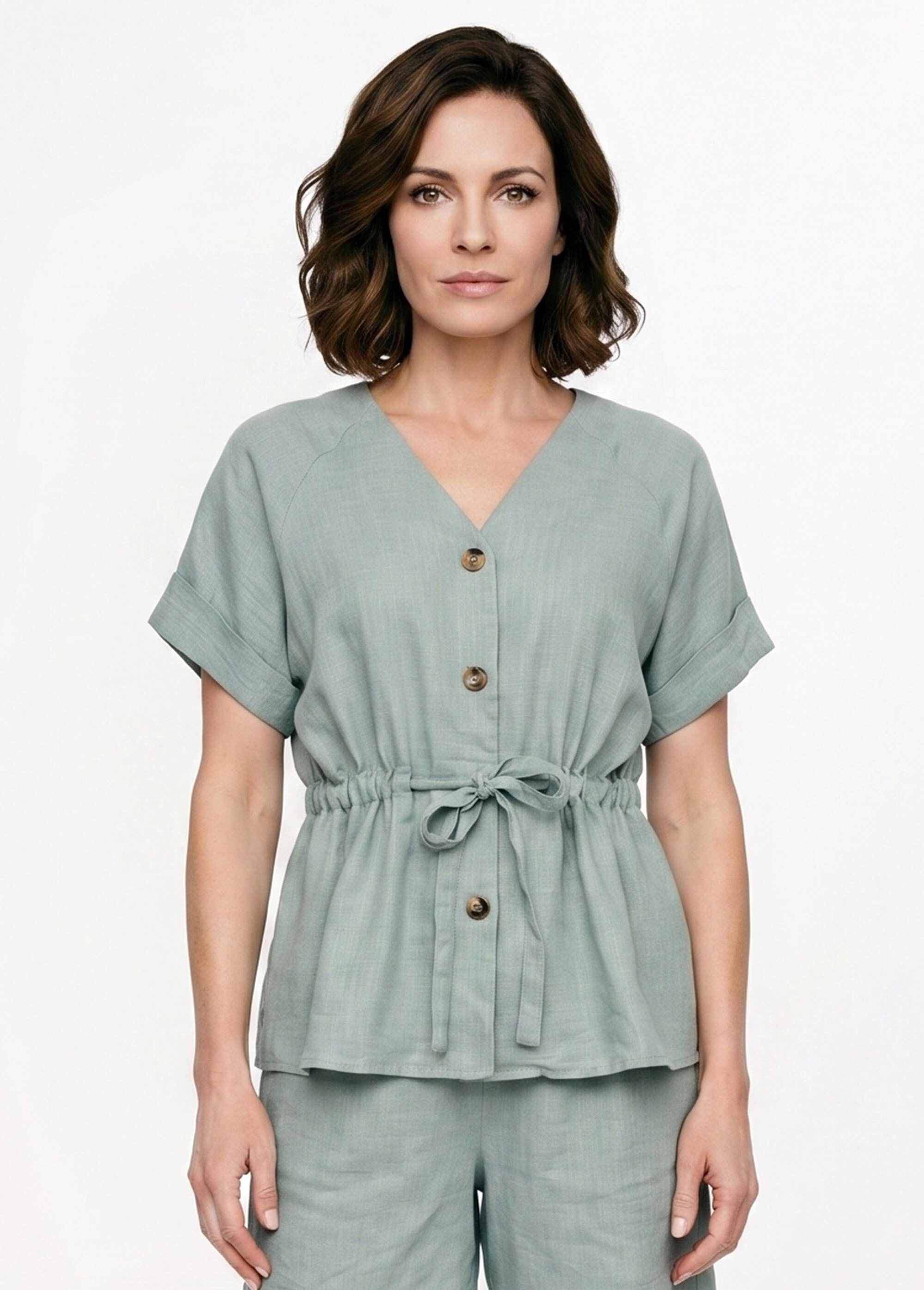 Blouse boutonnée et ceinturée, avec lin Femme Vert ATT-AT1989-2 FA1
