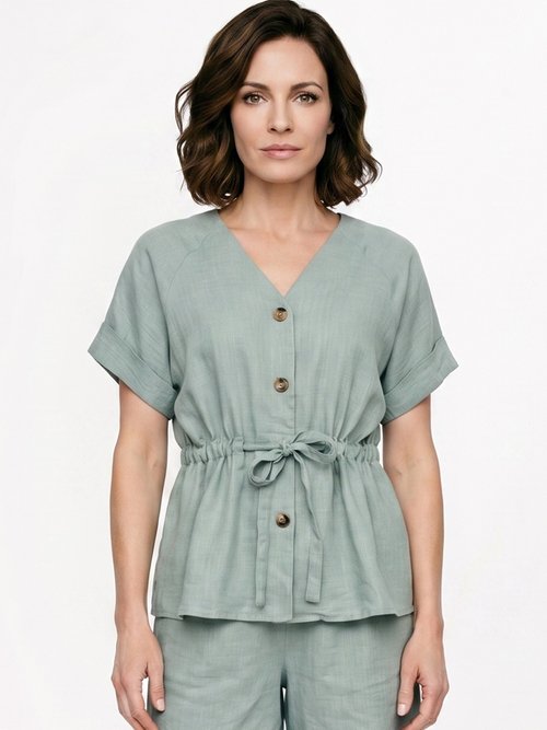 Blouse boutonnée et ceinturée, avec lin Femme Vert ATT-AT1989-2 FA1