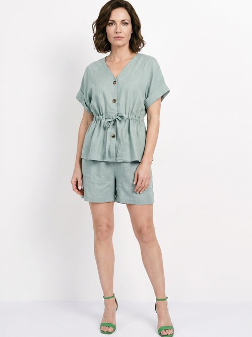 Blouse boutonnée et ceinturée, avec lin Femme Vert ATT-AT1989-2 SI1