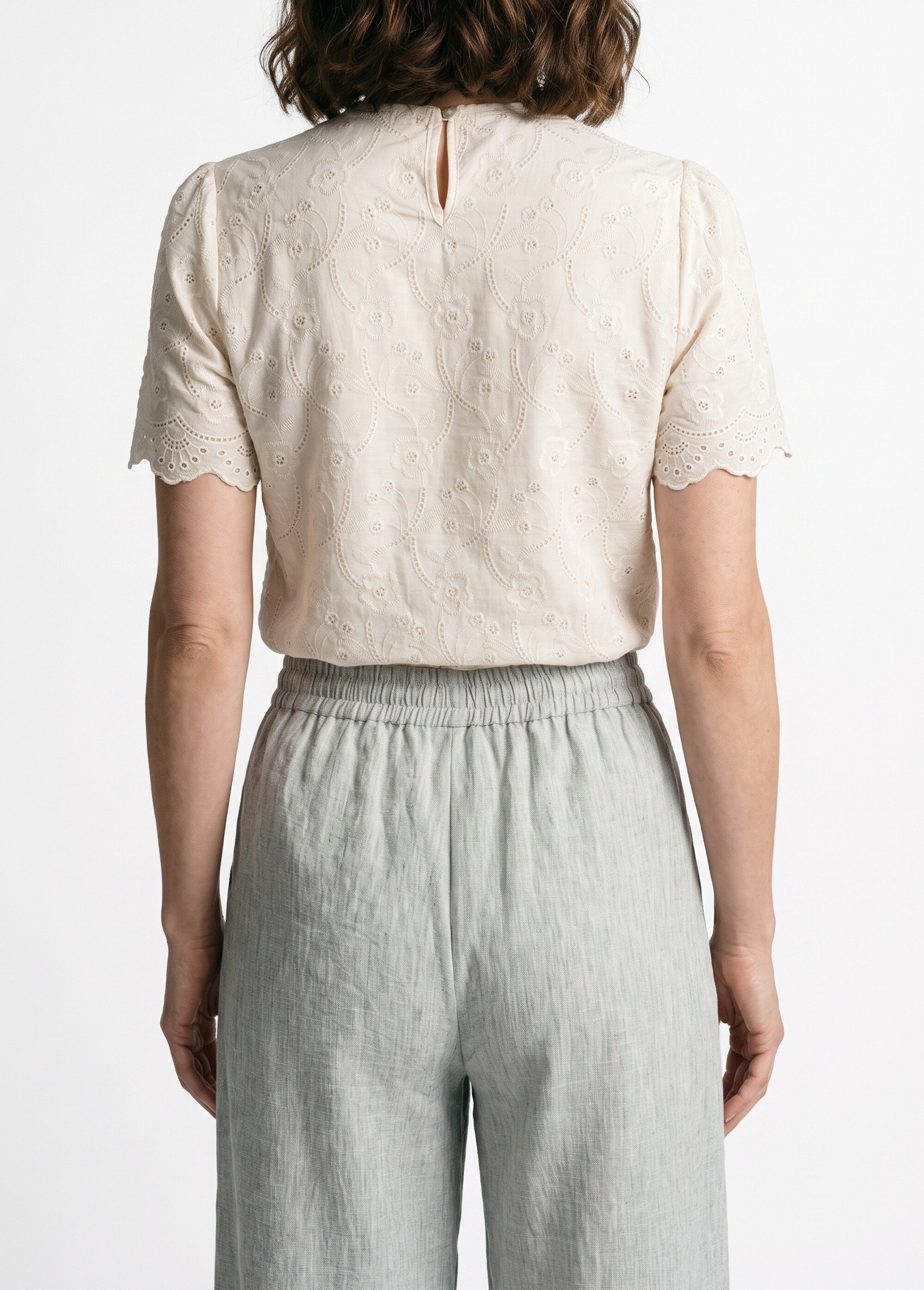 Blouse broderie anglaise à col rond Femme Blanc IA-Q3272 DO1