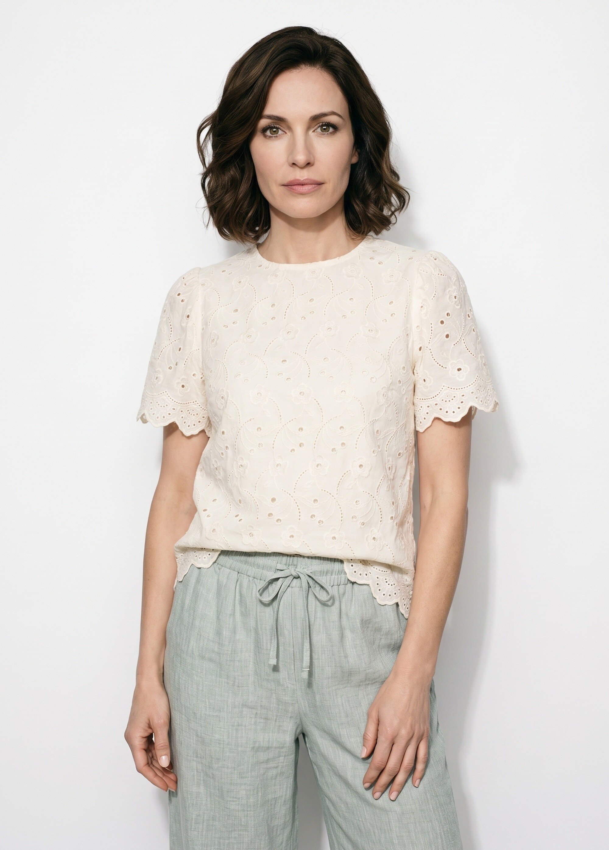 Blouse broderie anglaise à col rond Femme Blanc IA-Q3272 FA1