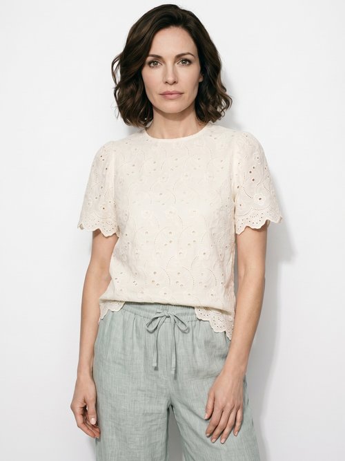 Blouse broderie anglaise à col rond Femme Blanc IA-Q3272 FA1