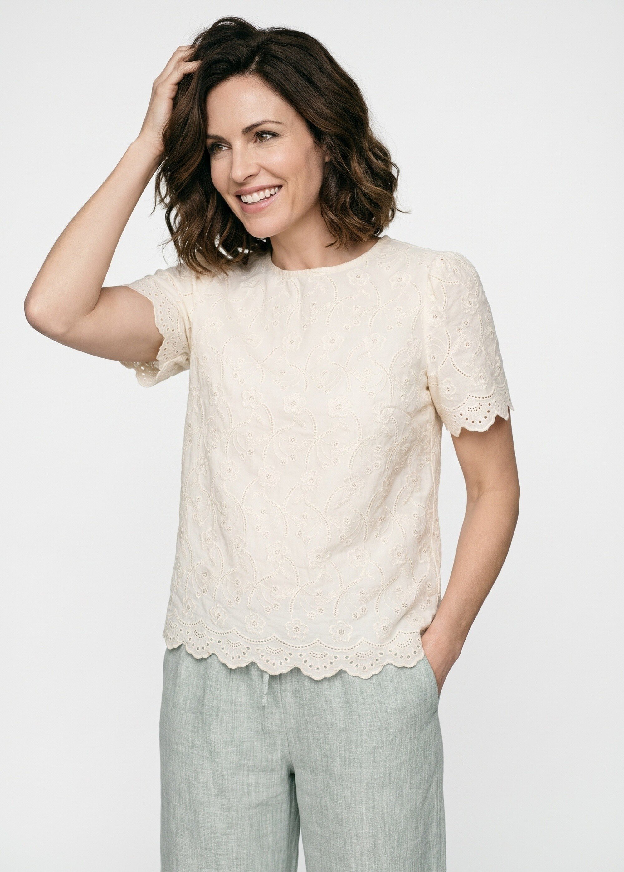 Blouse broderie anglaise à col rond Femme Blanc IA-Q3272 MV1