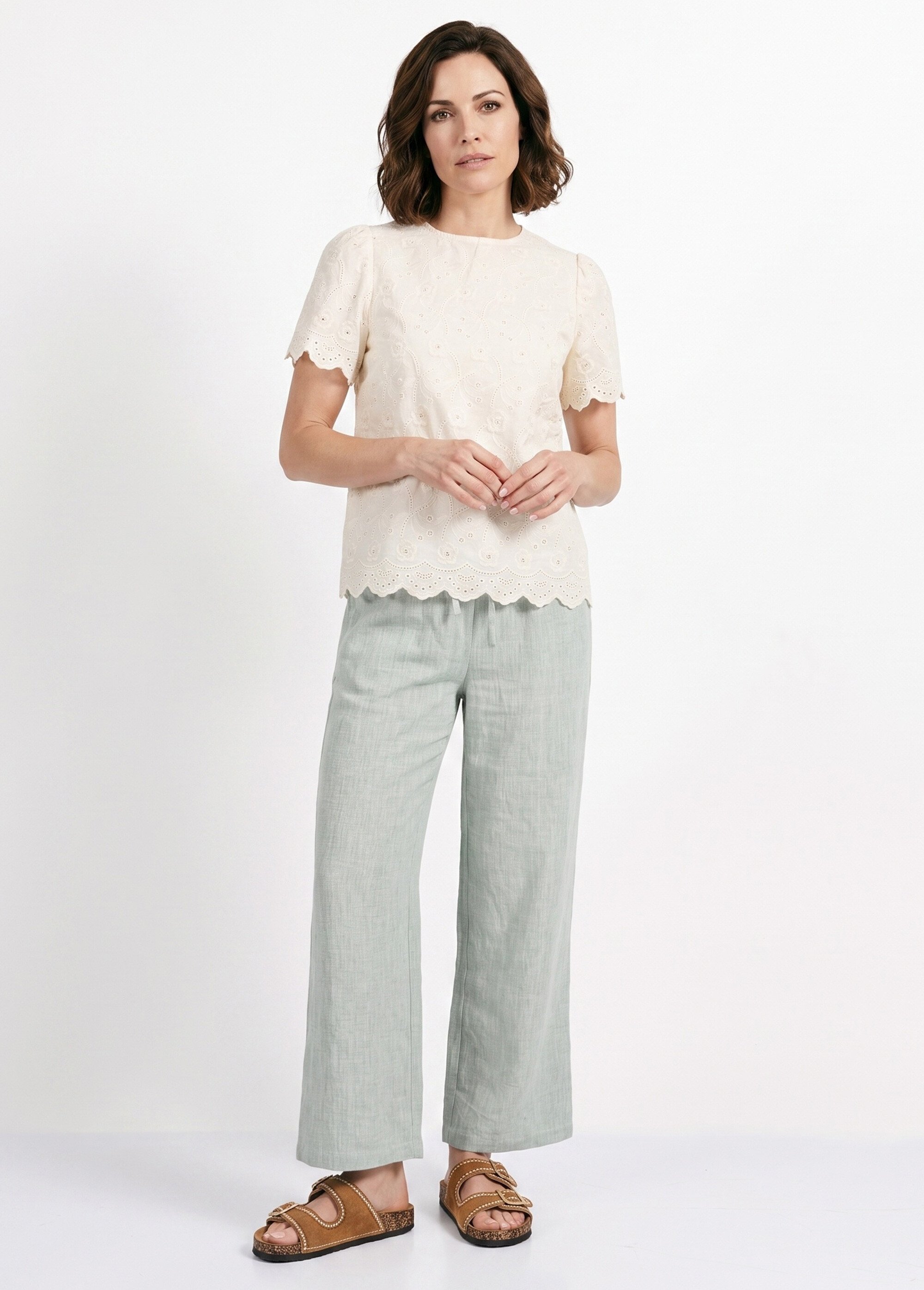 Blouse broderie anglaise à col rond Femme Blanc IA-Q3272 SI1