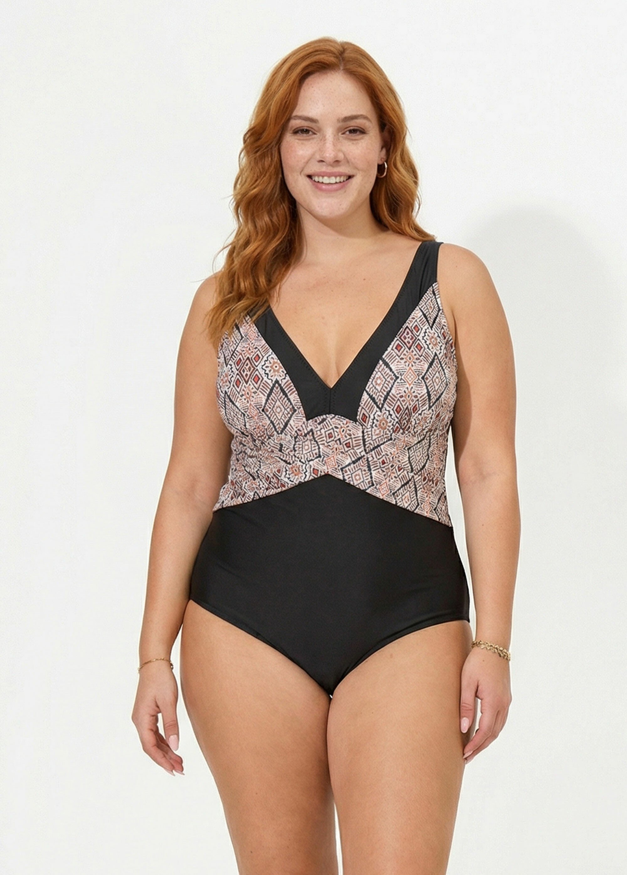 Maillot de bain 1 pièce motif aztèque Femme Grande Taille Noir SUNPY1A5911 FA1