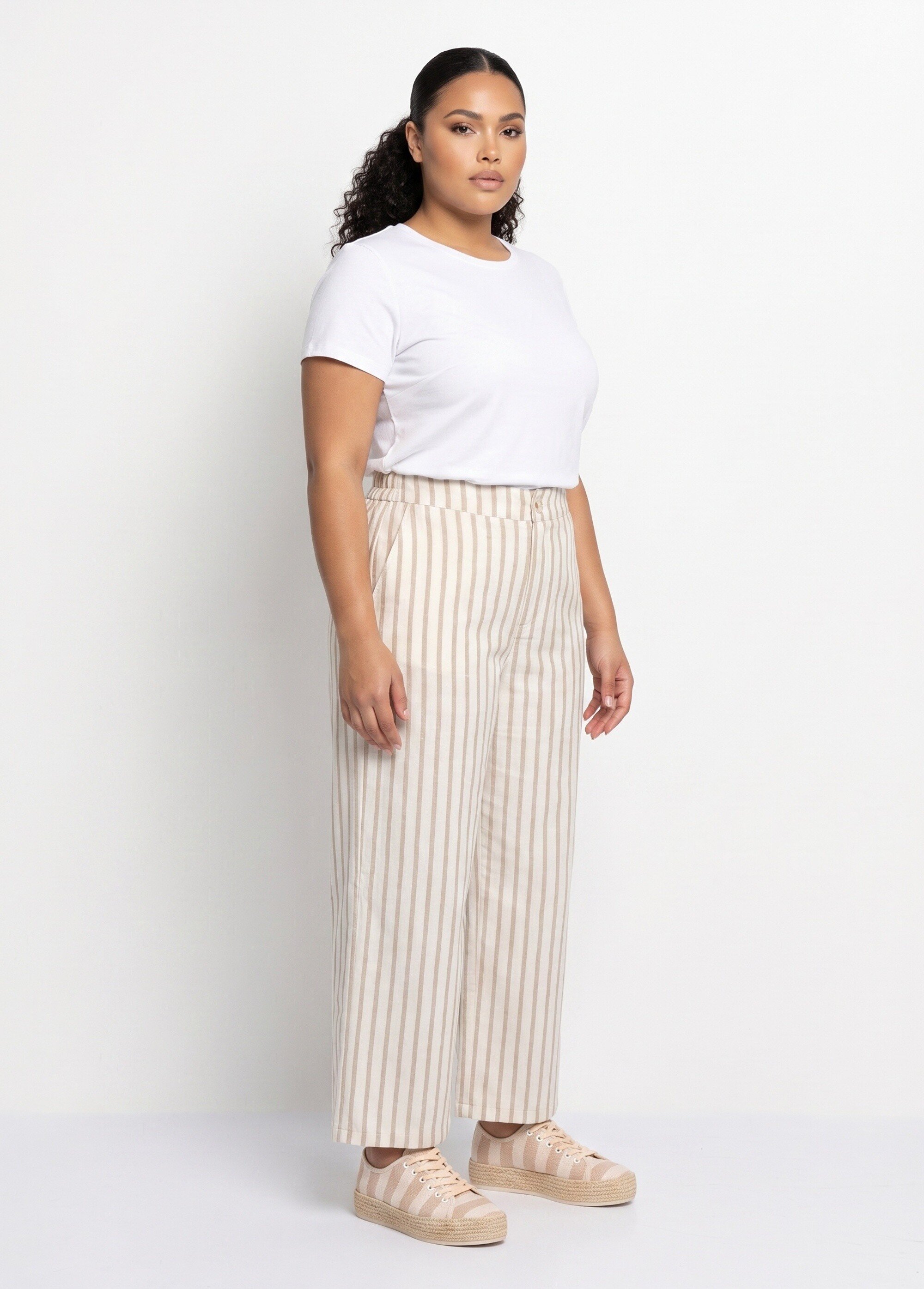Pantalon large, rayures  métallisées Femme Grande Taille Beige ATT-ATN25649 DR1