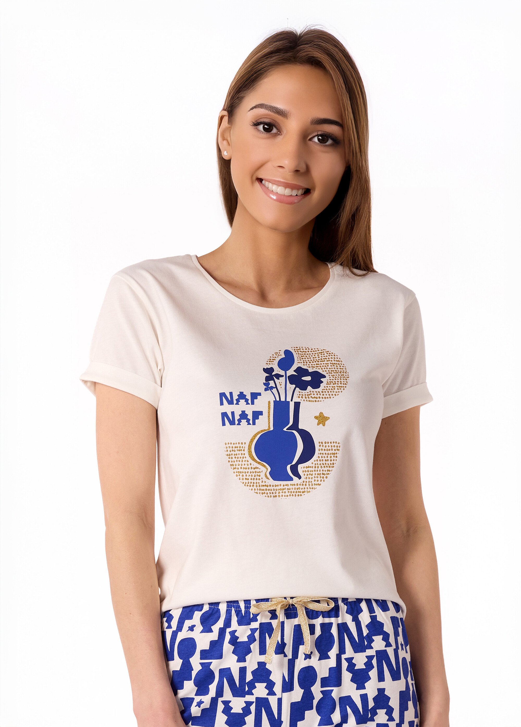 Pyjama court thème aztèque avec corsaire Femme Blanc NF.NAXOS.PCO DE1