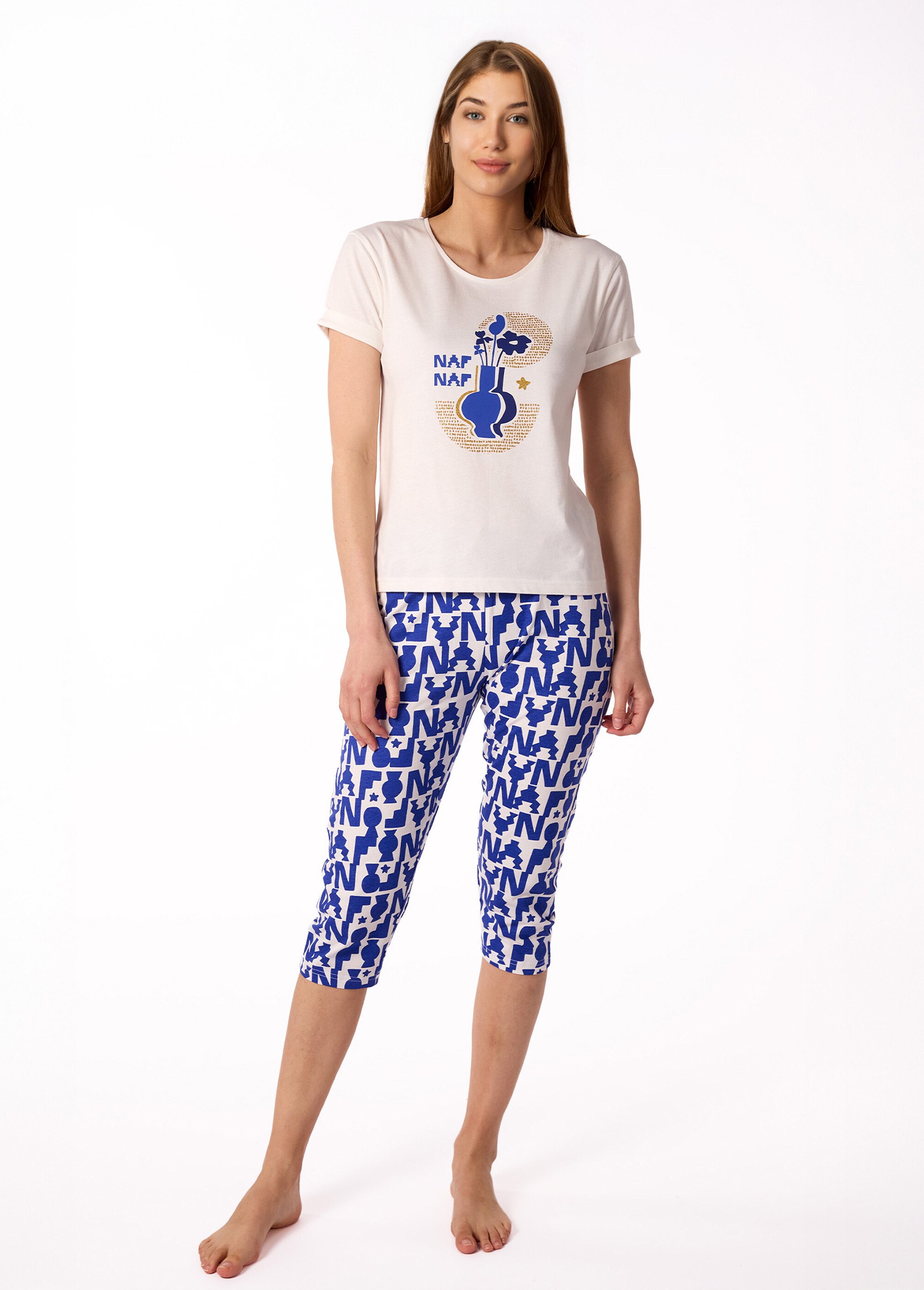Pyjama court thème aztèque avec corsaire Femme Blanc NF.NAXOS.PCO FA1