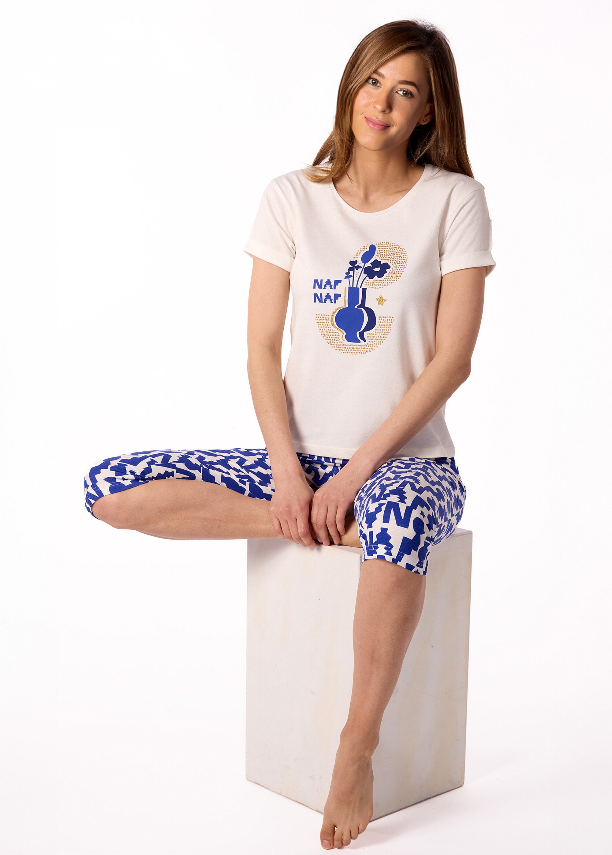 Pyjama court thème aztèque avec corsaire Femme Blanc NF.NAXOS.PCO SI1