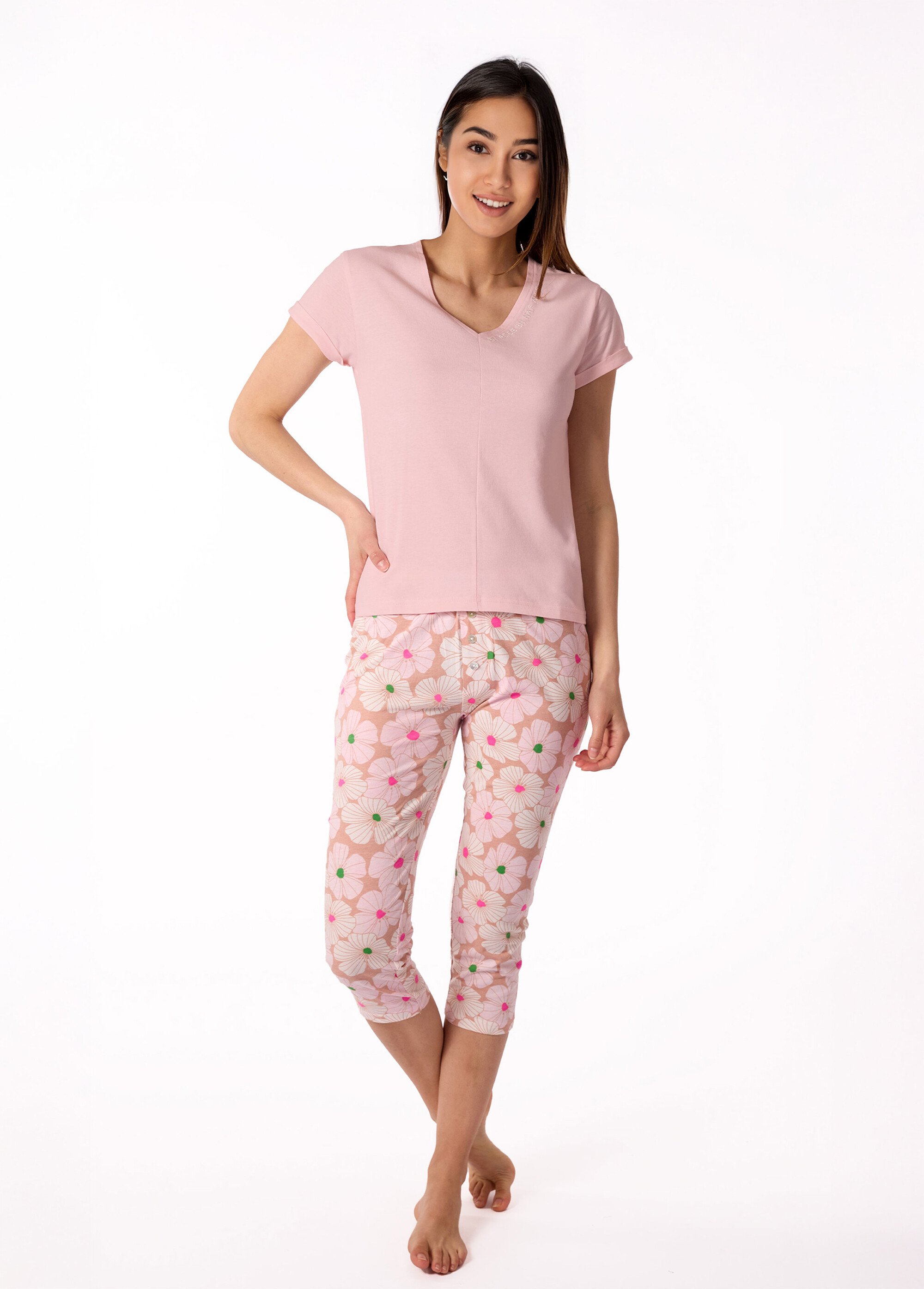 Pyjama fleuri manches courtes et corsaire Femme Rose NF.PARMA.PCO FA1