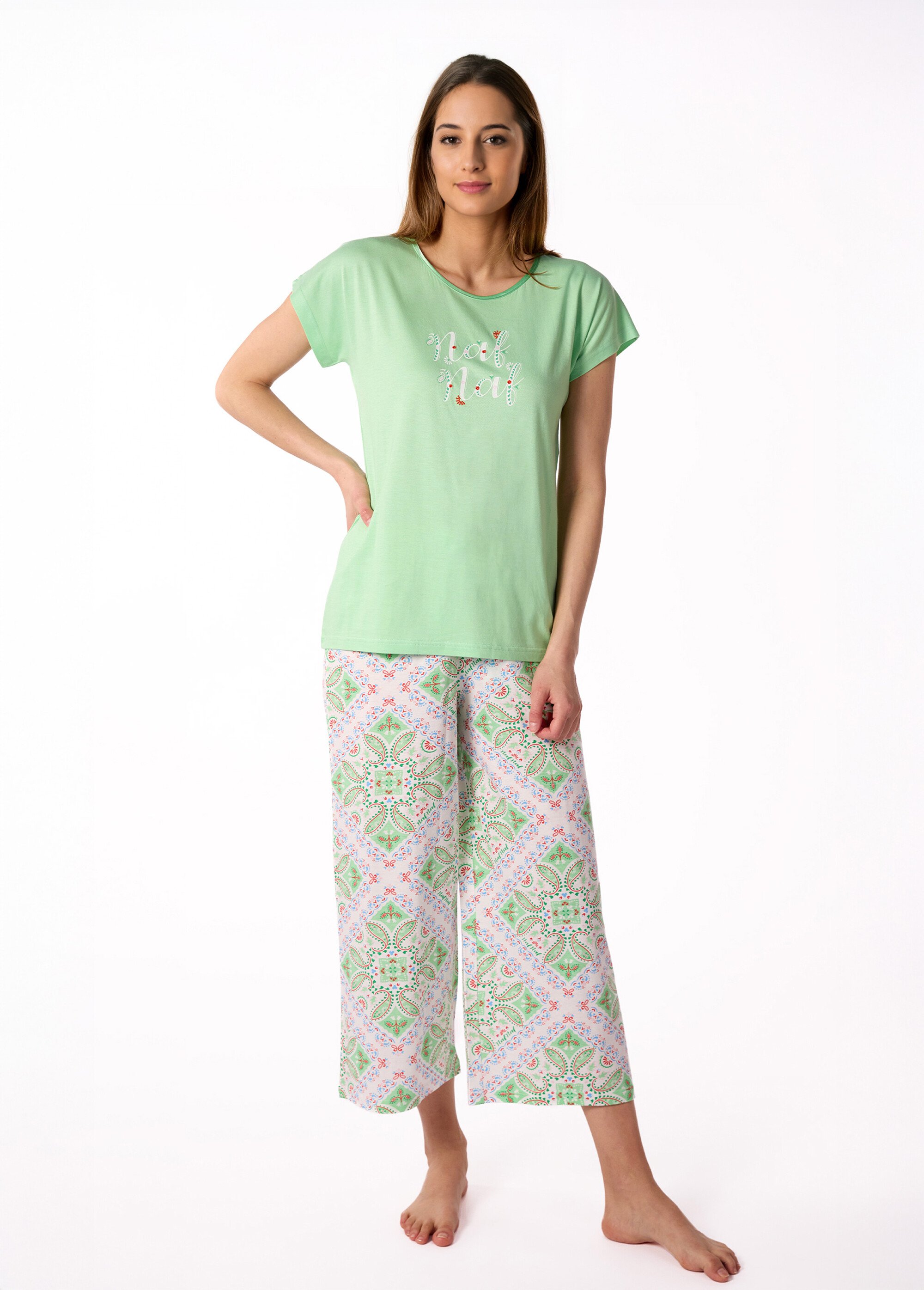 Pyjama thème géométrique, pantalon large Femme Vert NF.JAMMU.PCO FA1