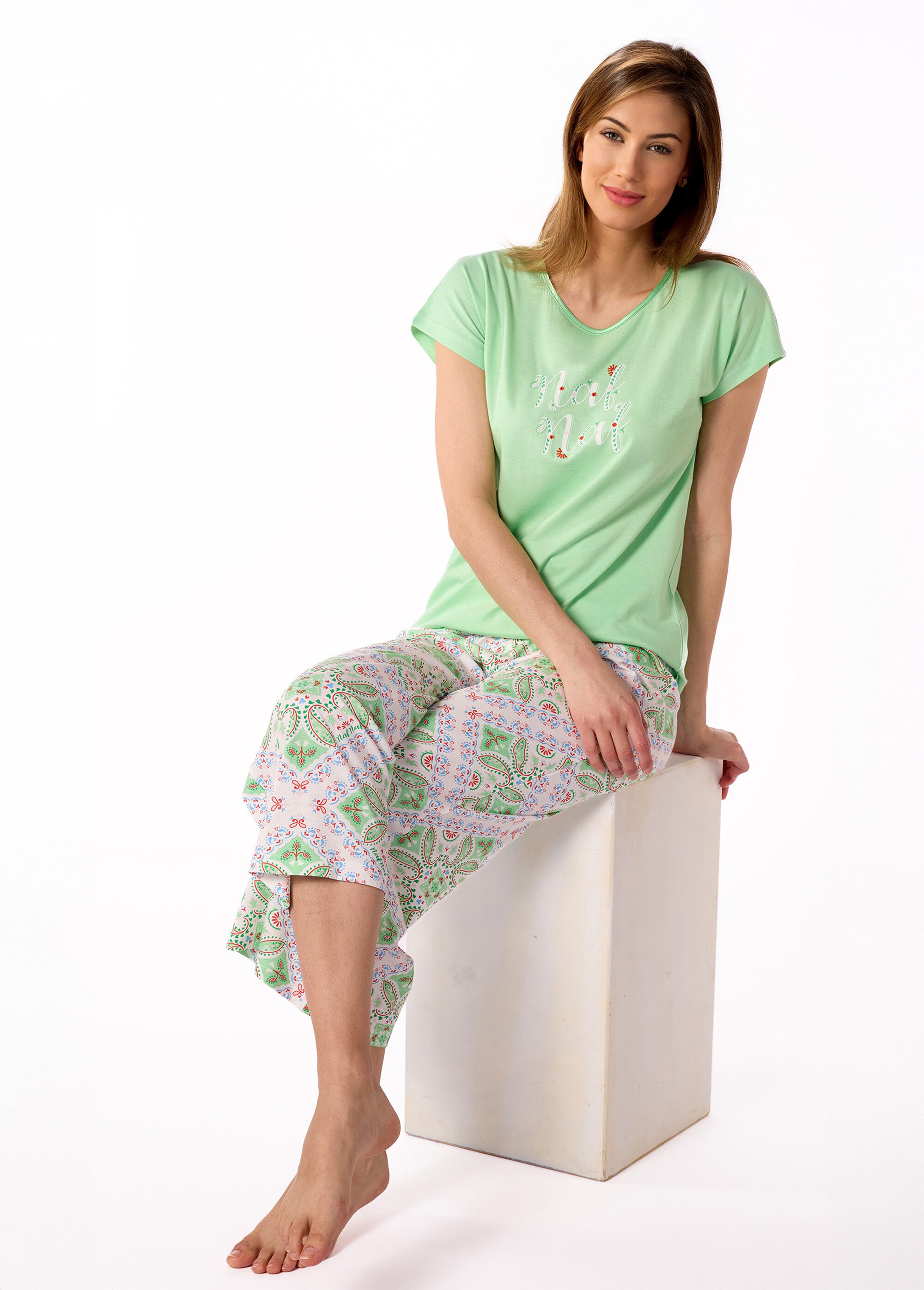 Pyjama thème géométrique, pantalon large Femme Vert NF.JAMMU.PCO SI1