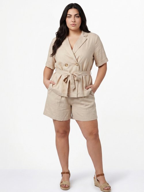 Short large élastiqué avec lin Femme Grande Taille Beige ATT-AT2018 MV1