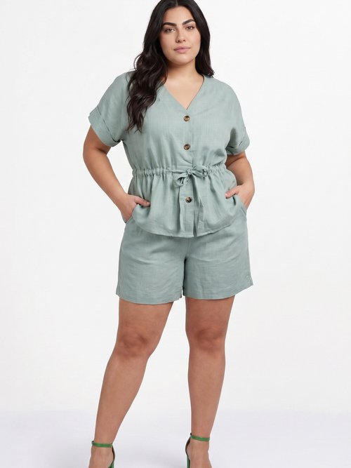 Short large élastiqué avec lin Femme Grande Taille Vert ATT-AT2018 MV1