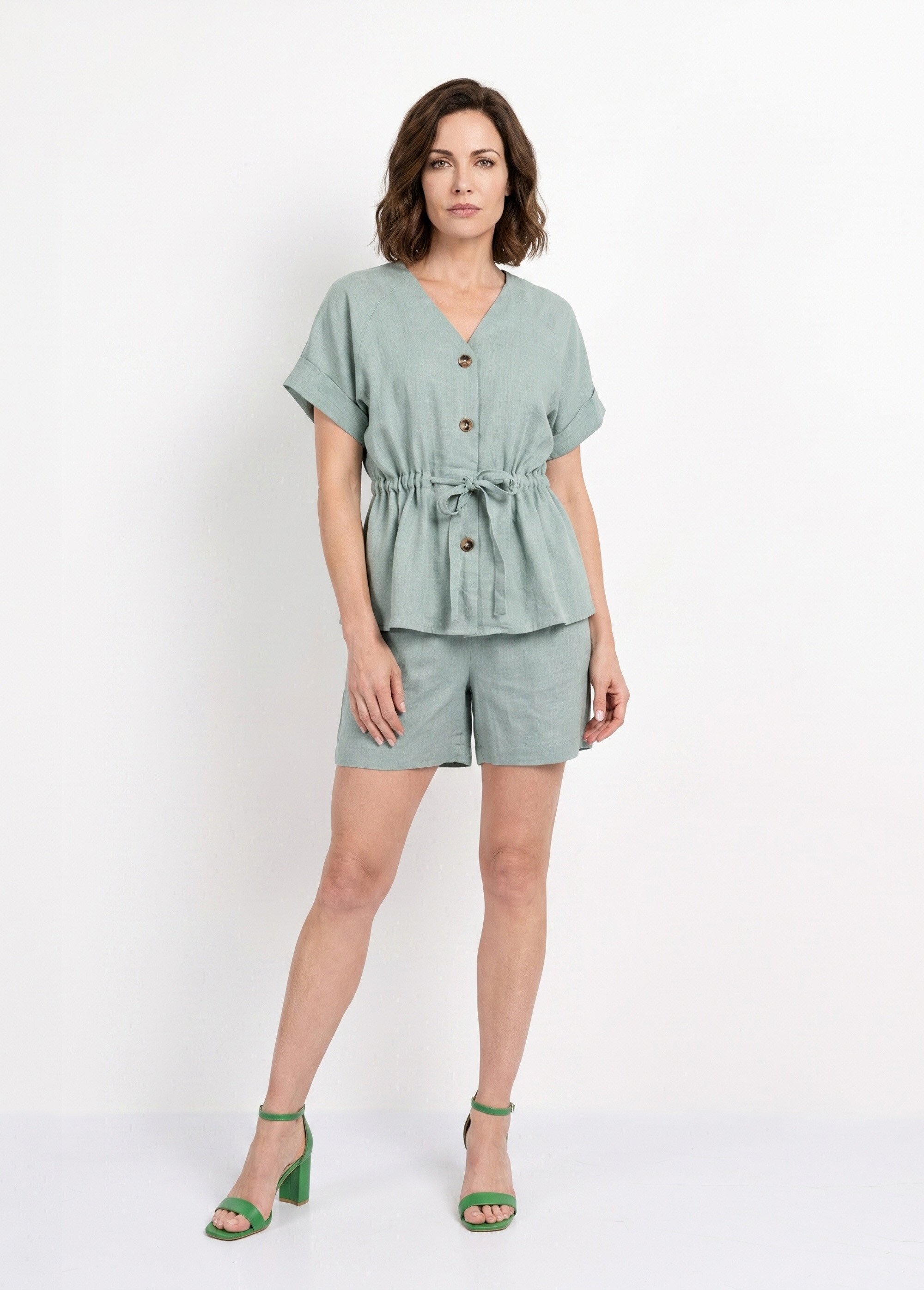 Short large élastiqué avec lin Femme Vert ATT-AT2018 SF1