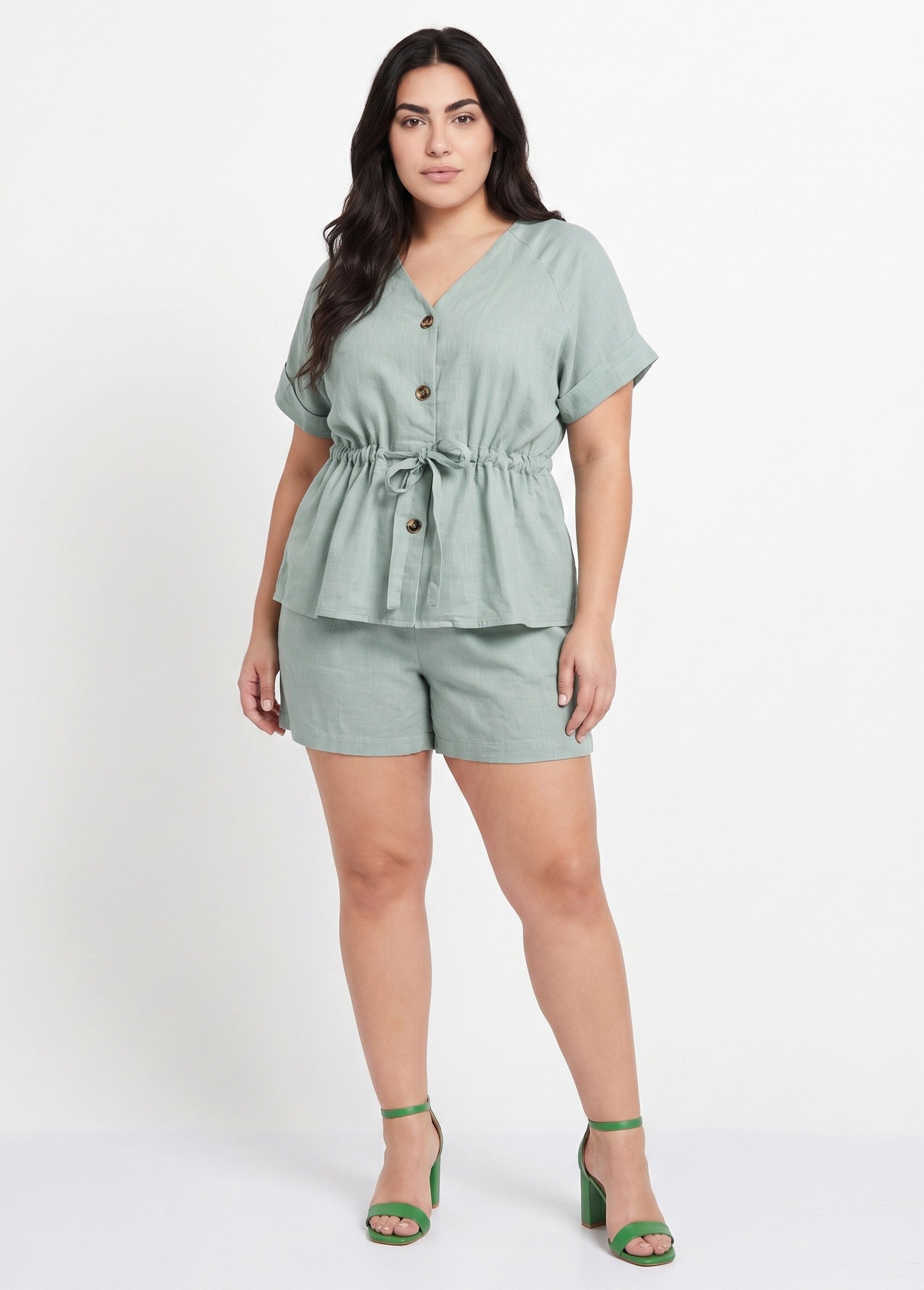 Short large élastiqué avec lin Femme Grande Taille Vert ATT-AT2018 SI1
