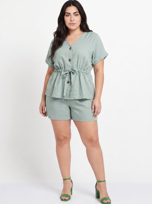 Short large élastiqué avec lin Femme Grande Taille Vert ATT-AT2018 SI1