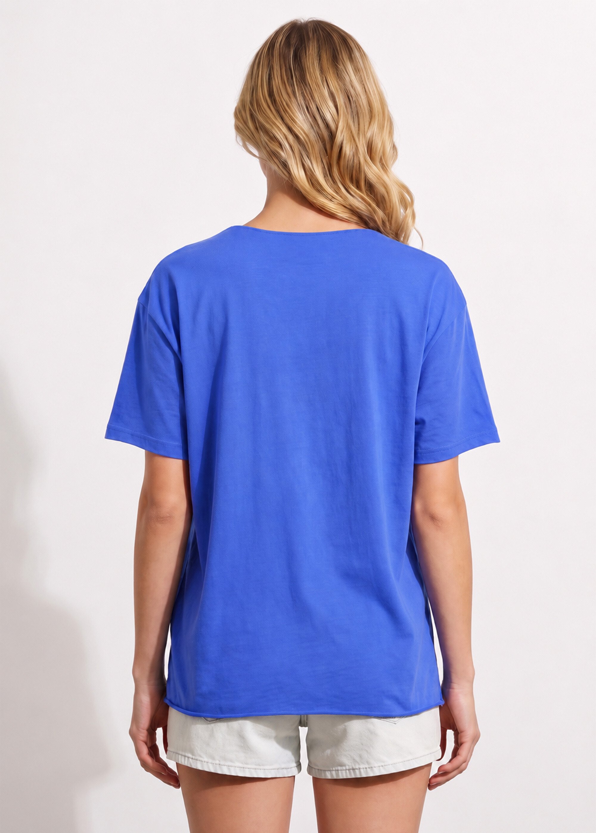 T-shirt col V coton, bords roulottés Femme Bleu AND-6252 DO1