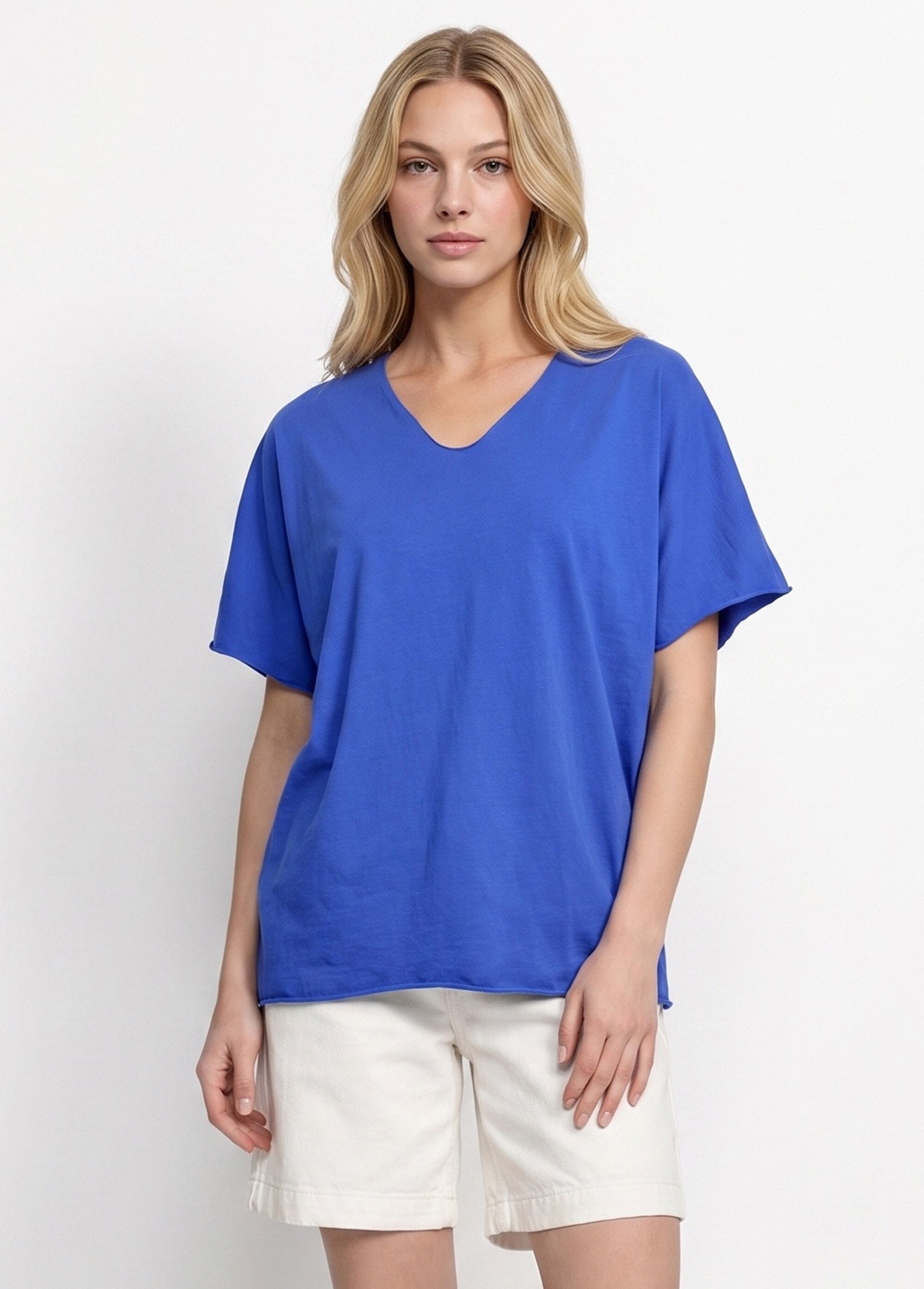 T-shirt col V coton, bords roulottés Femme Bleu AND-6252 FA1