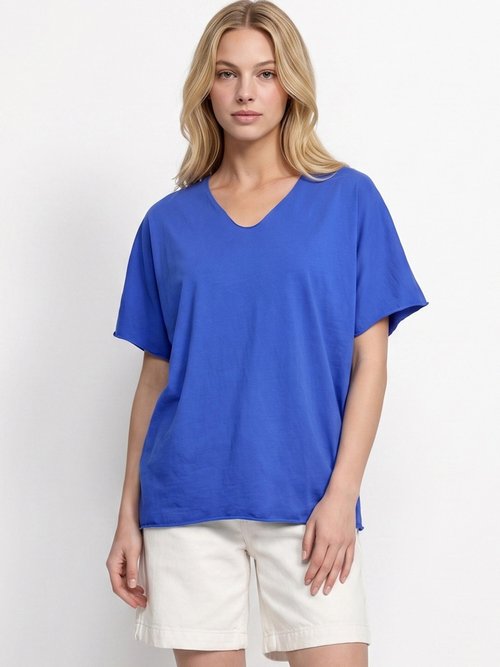 T-shirt col V coton, bords roulottés Femme Bleu AND-6252 FA1