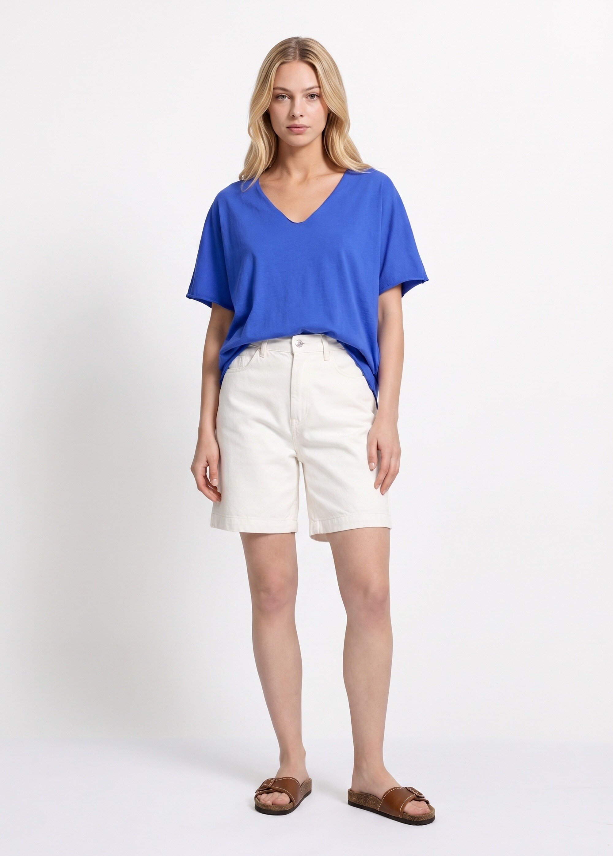 T-shirt col V coton, bords roulottés Femme Bleu AND-6252 SI1