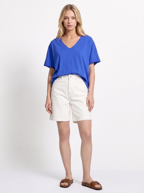 T-shirt col V coton, bords roulottés Femme Bleu AND-6252 SI1