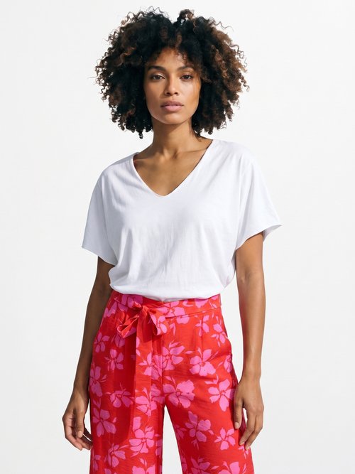 T-shirt col V coton, bords roulottés Femme Blanc AND-6252 FA1