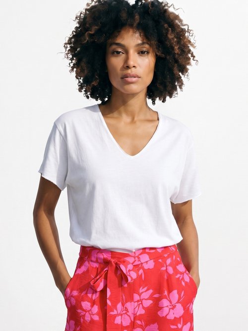T-shirt col V coton, bords roulottés Femme Blanc AND-6252 MV1