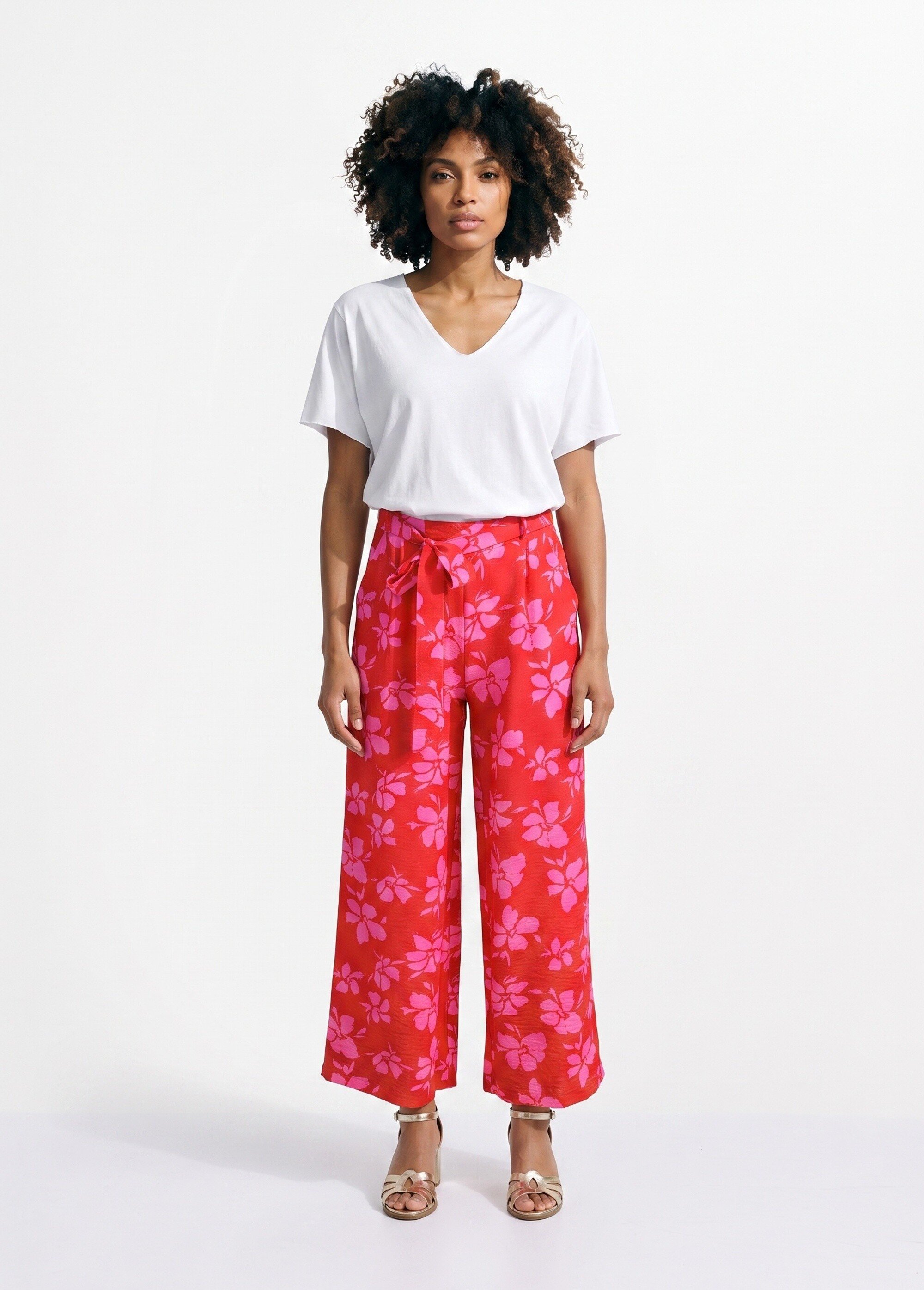 T-shirt col V coton, bords roulottés Femme Blanc AND-6252 SI1