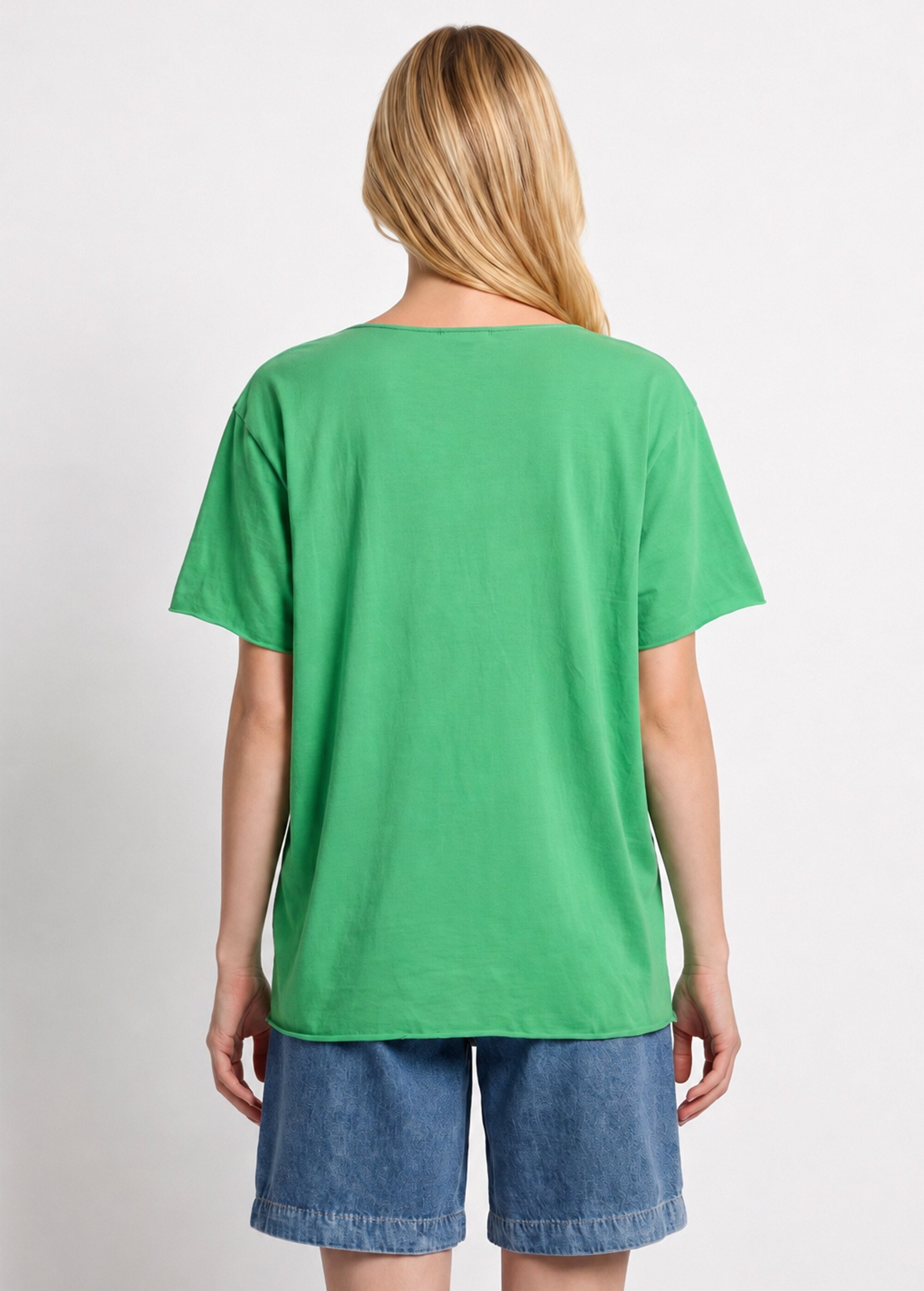 T-shirt col V coton, bords roulottés
