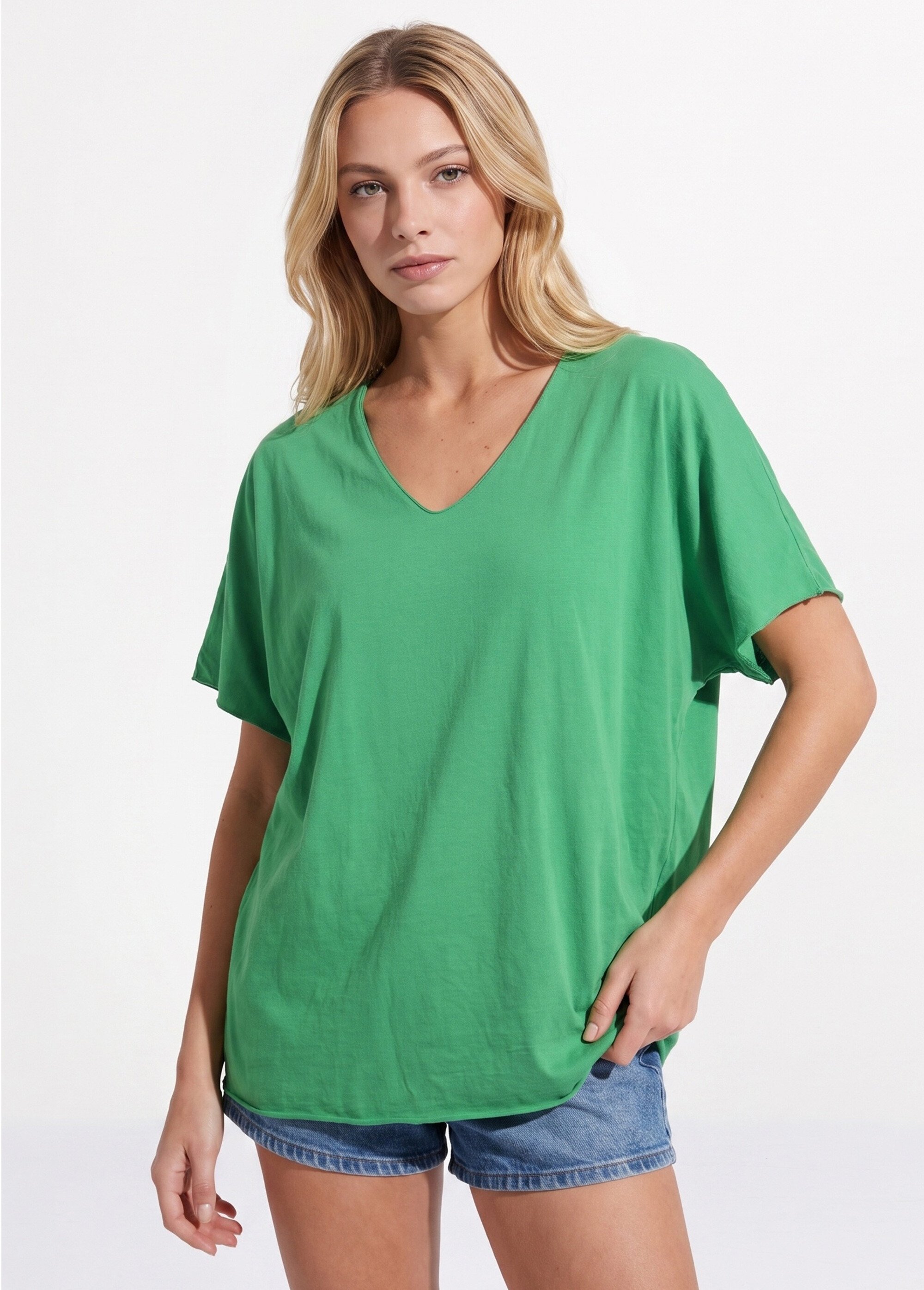 T-shirt col V coton, bords roulottés Femme Vert AND-6252 FA1