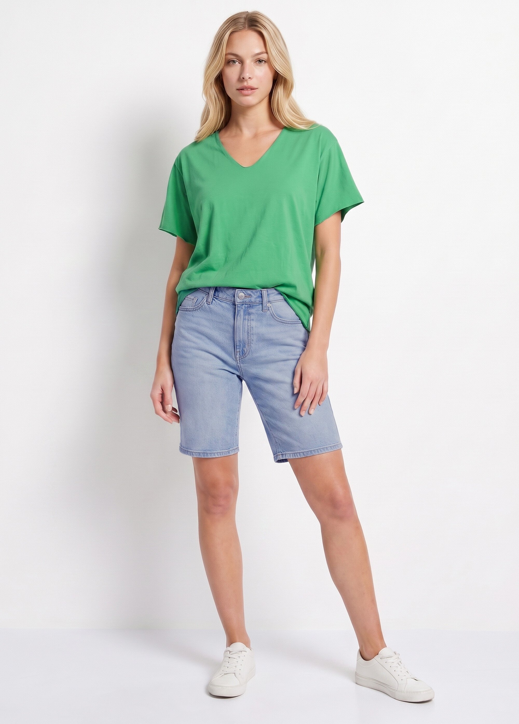 T-shirt col V coton, bords roulottés Femme Vert AND-6252 SI1
