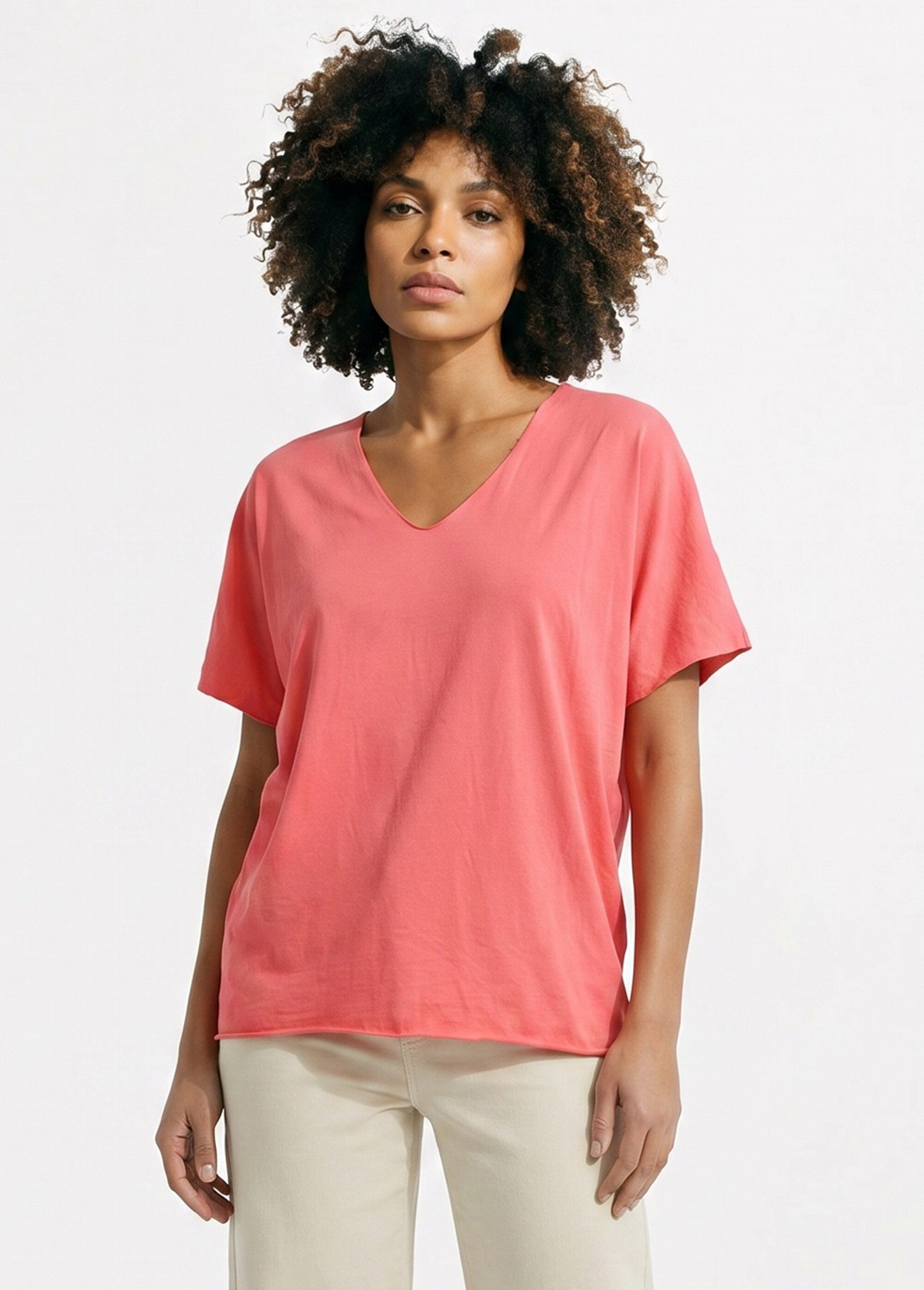 T-shirt col V coton, bords roulottés Femme Rose AND-6252 FA1