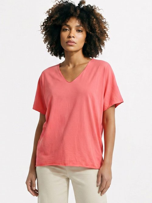T-shirt col V coton, bords roulottés Femme Rose AND-6252 FA1