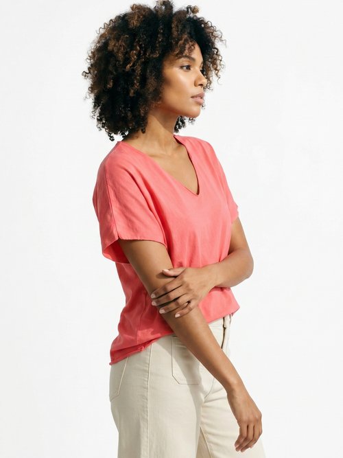 T-shirt col V coton, bords roulottés Femme Rose AND-6252 MV1