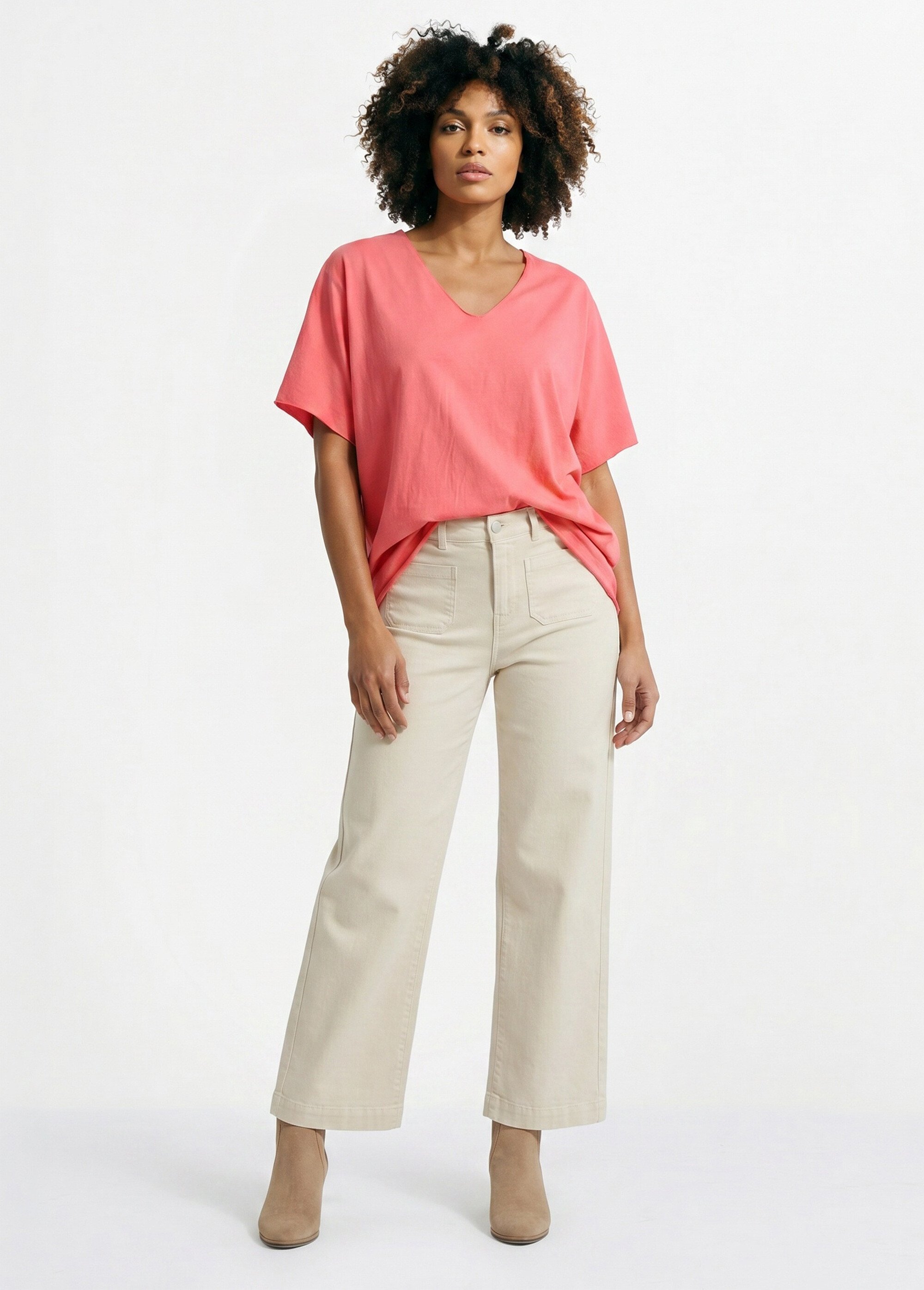 T-shirt col V coton, bords roulottés Femme Rose AND-6252 SI1