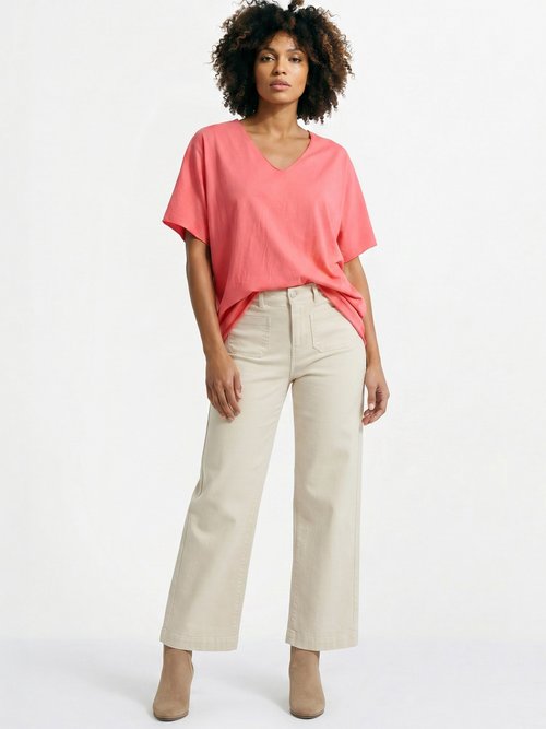 T-shirt col V coton, bords roulottés Femme Rose AND-6252 SI1