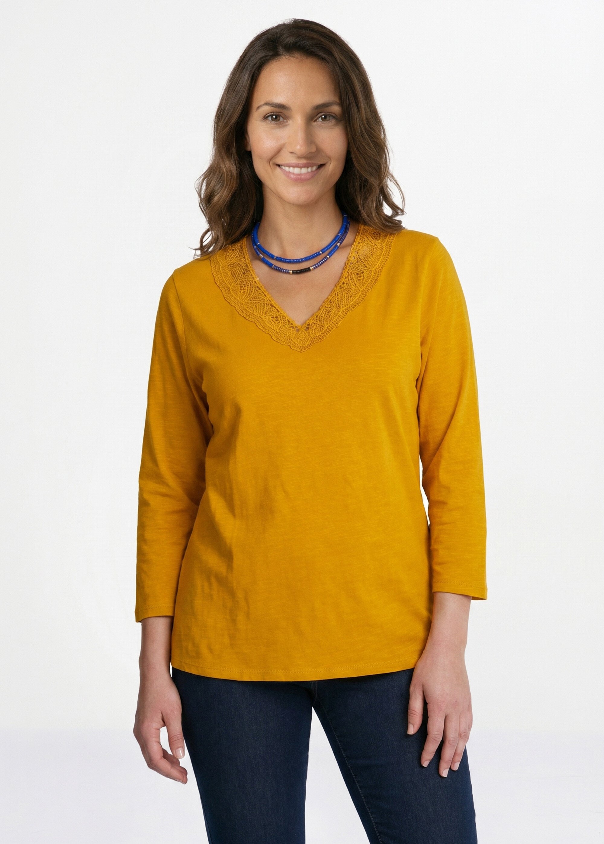 T-shirt manches 3/4 coton et macramé Femme Jaune CALZAN FA1