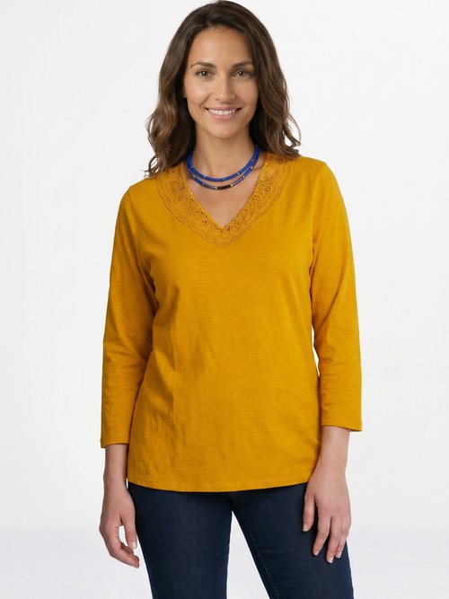 T-shirt manches 3/4 coton et macramé Femme Jaune CALZAN FA1