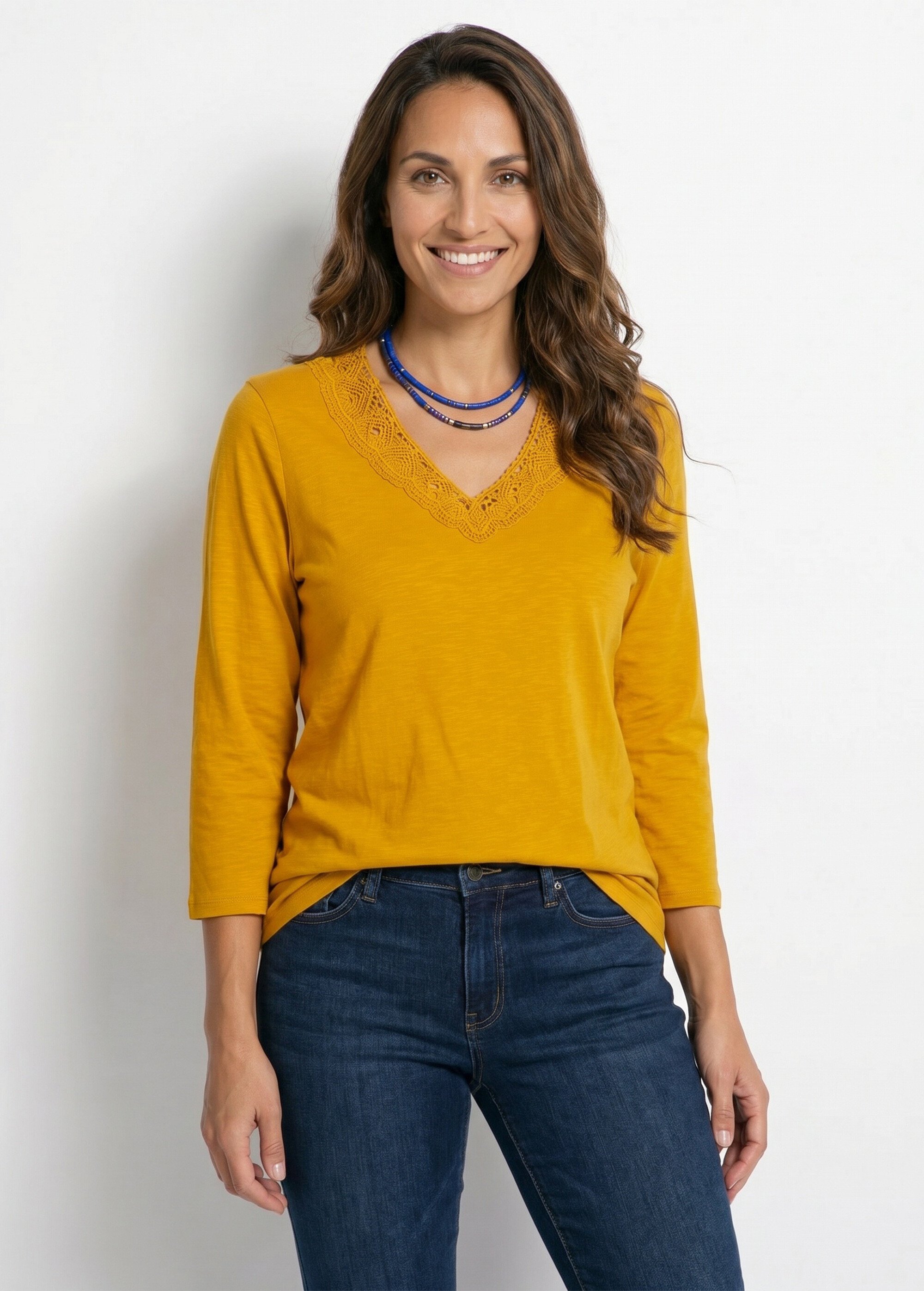 T-shirt manches 3/4 coton et macramé Femme Jaune CALZAN FA2