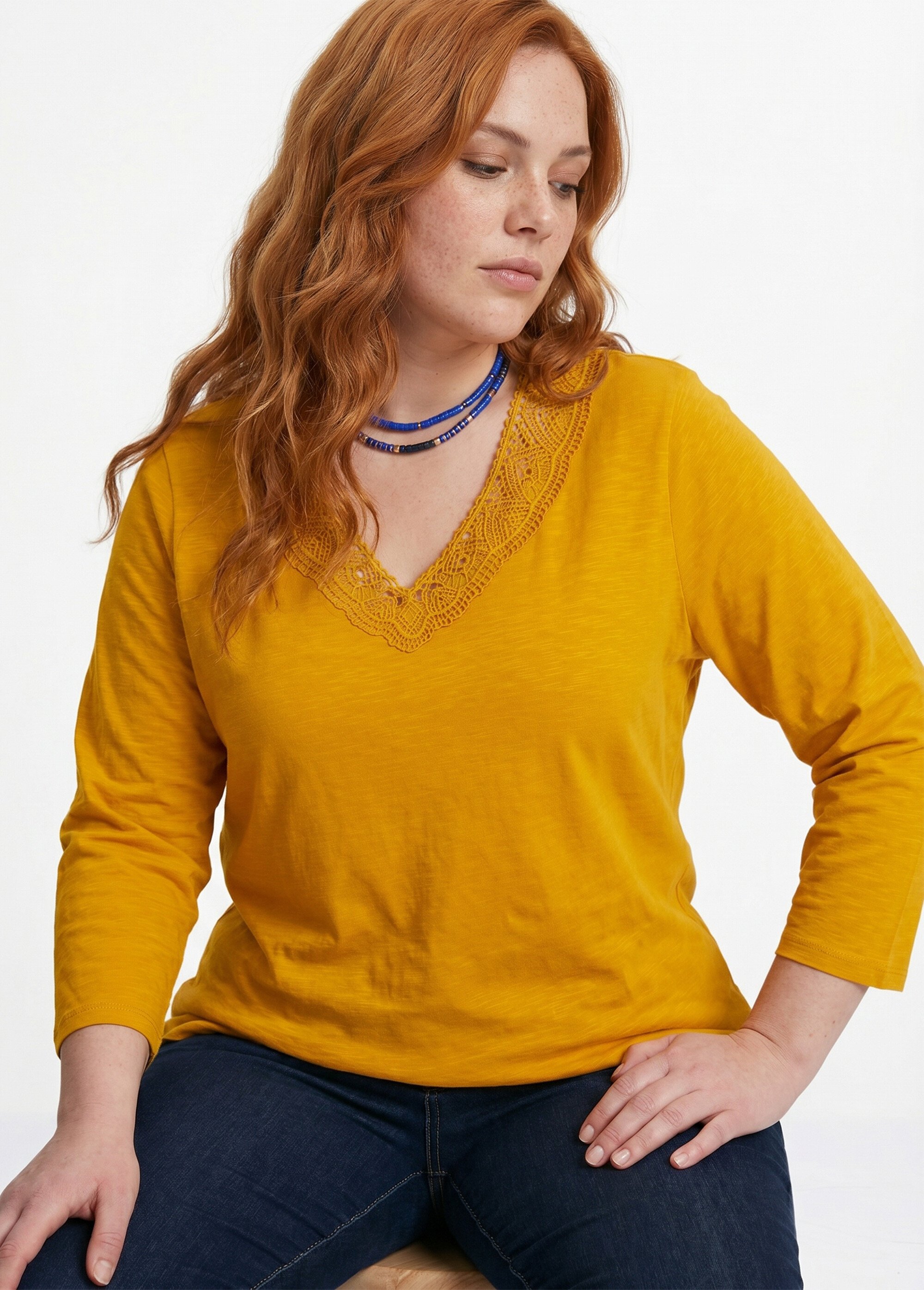 T-shirt manches 3/4 coton et macramé