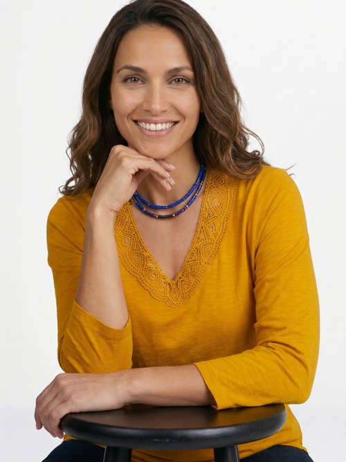 T-shirt manches 3/4 coton et macramé Femme Jaune CALZAN MV1