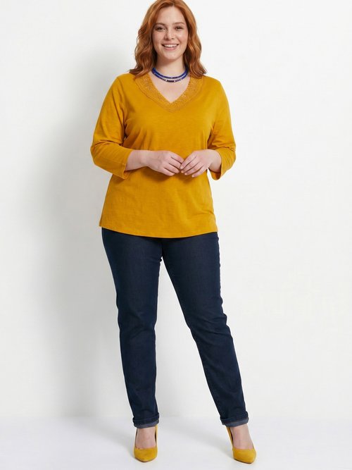 T-shirt manches 3/4 coton et macramé Femme Grande Taille Jaune CALZAN SI1