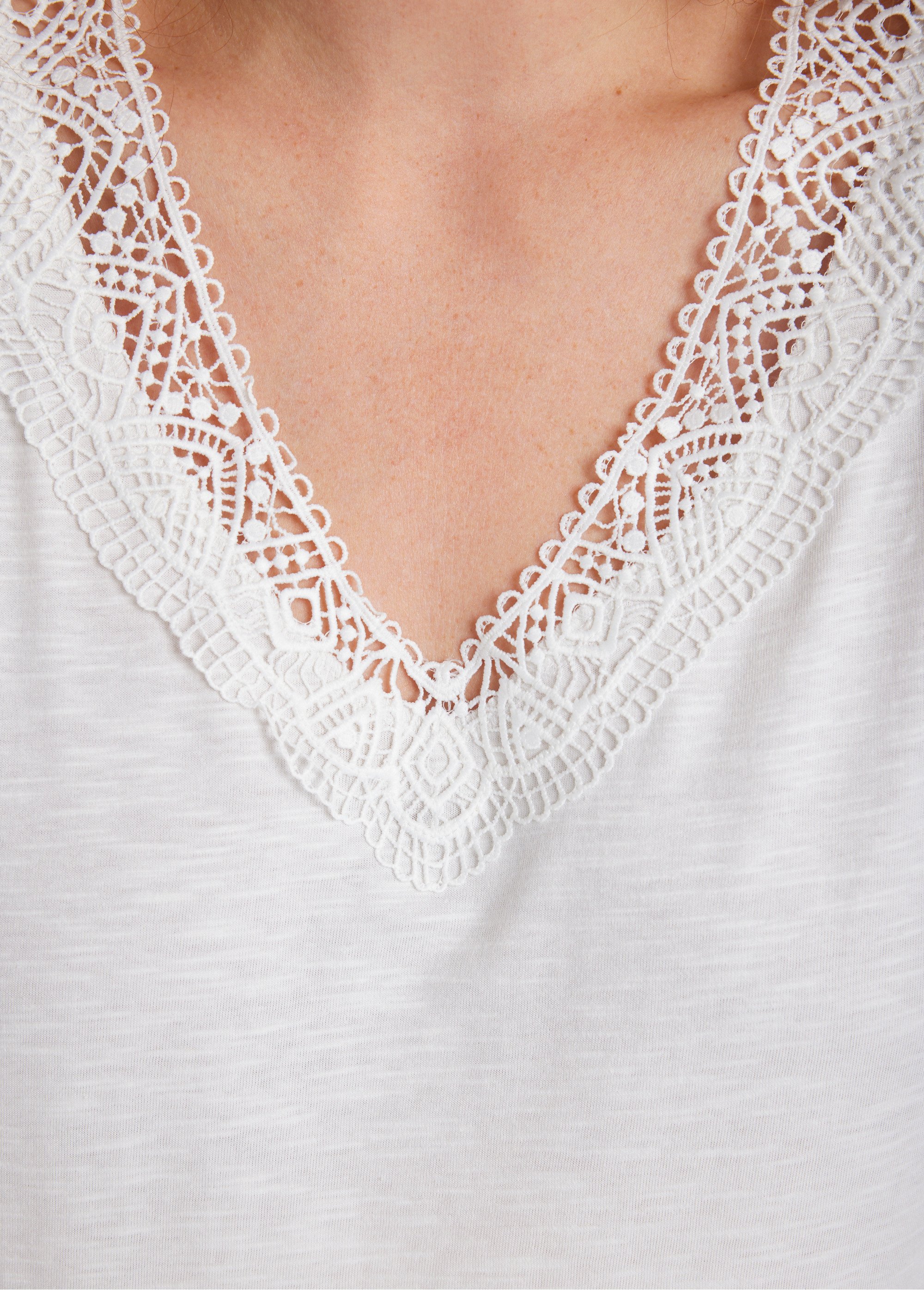 T-shirt manches 3/4 coton et macramé Femme Blanc CALZAN DE1