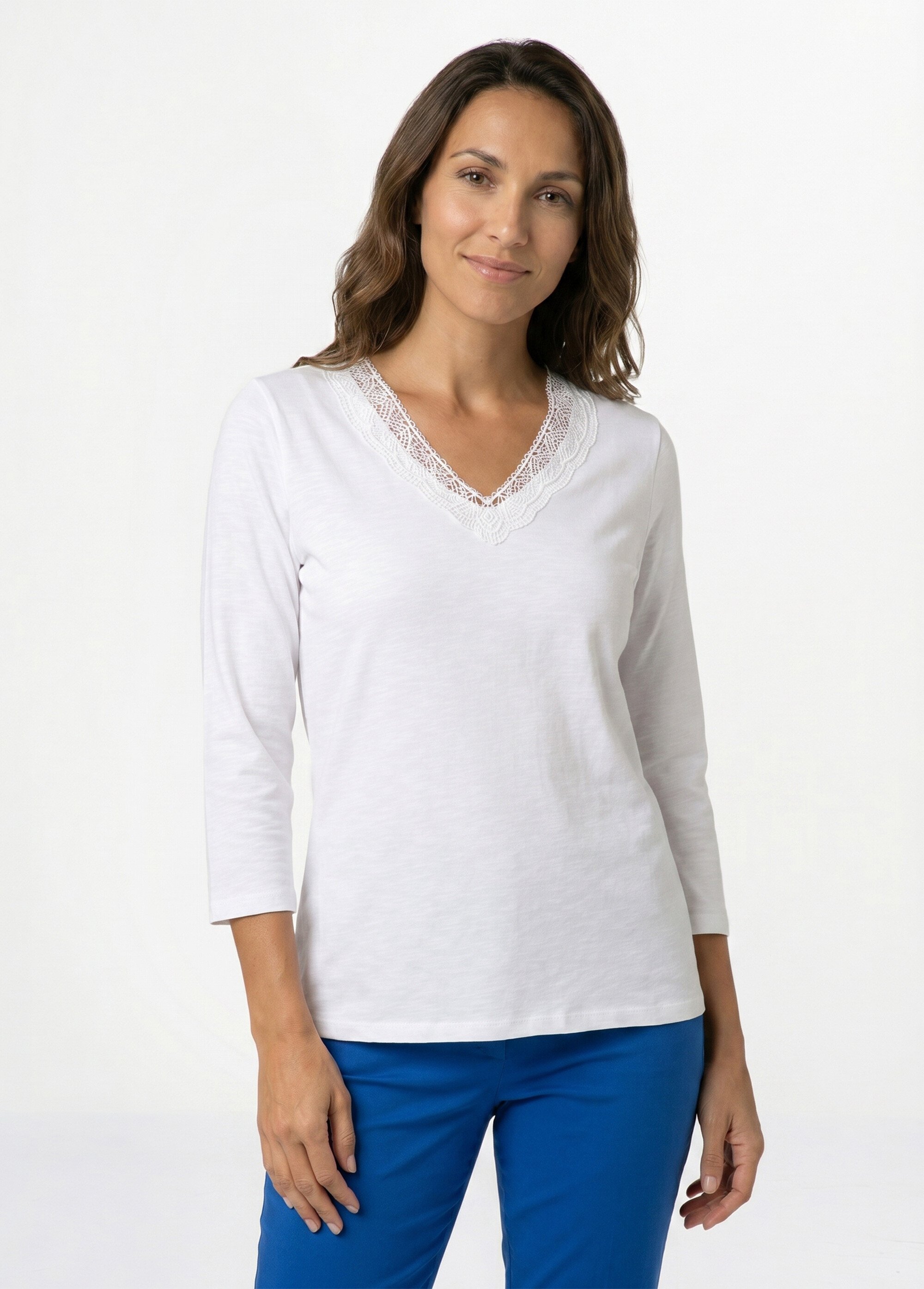 T-shirt manches 3/4 coton et macramé Femme Blanc CALZAN FA1