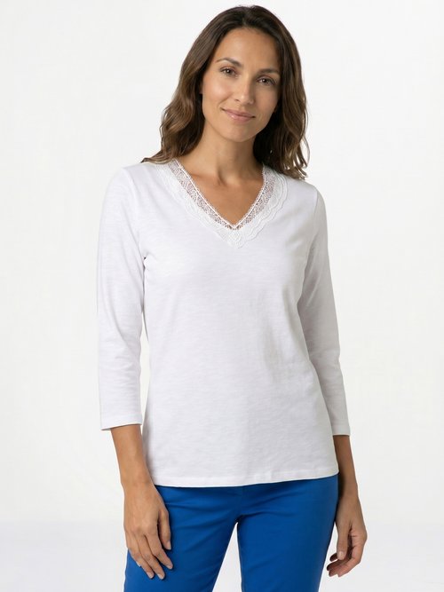 T-shirt manches 3/4 coton et macramé Femme Blanc CALZAN FA1