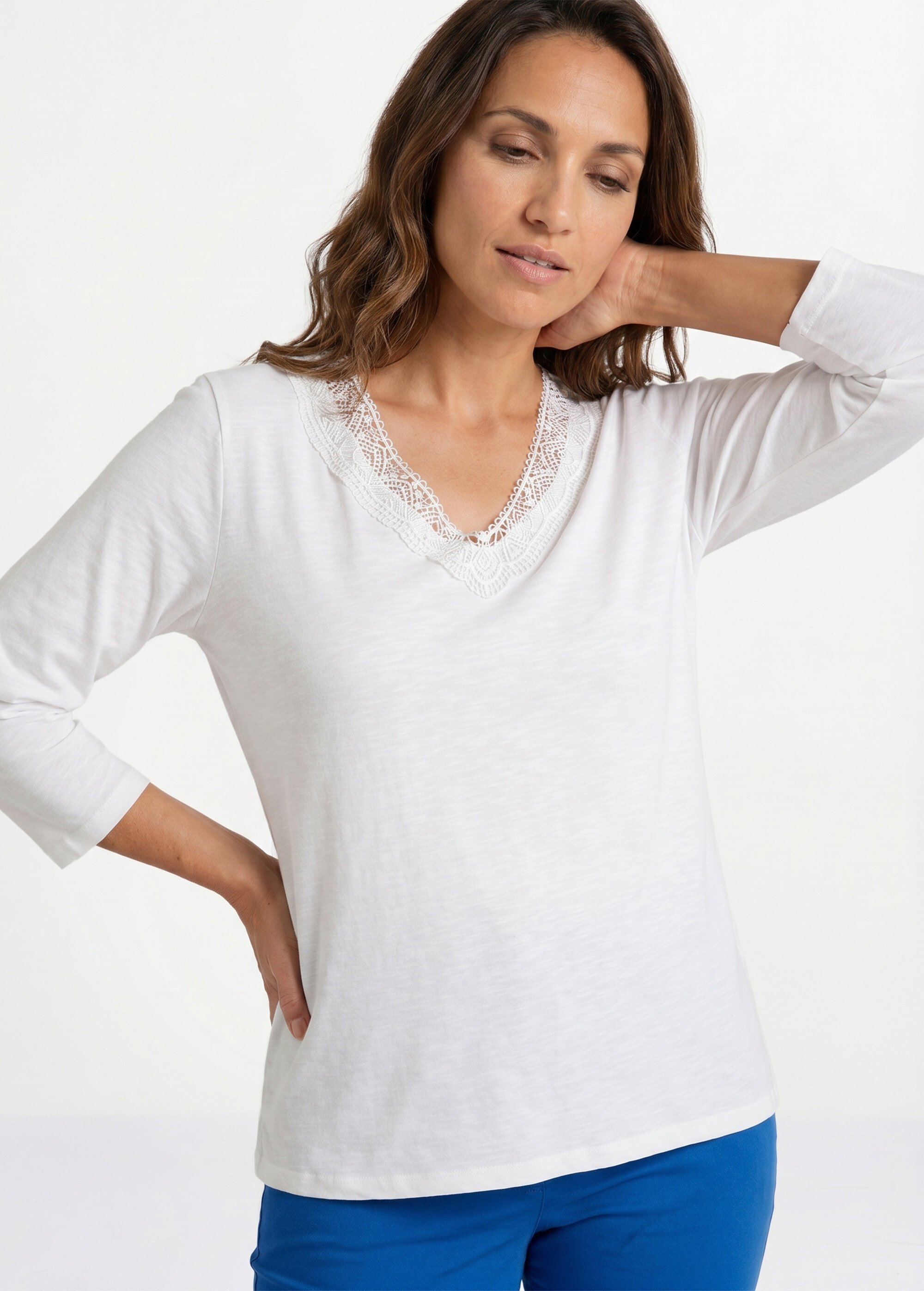 T-shirt manches 3/4 coton et macramé Femme Blanc CALZAN MV1