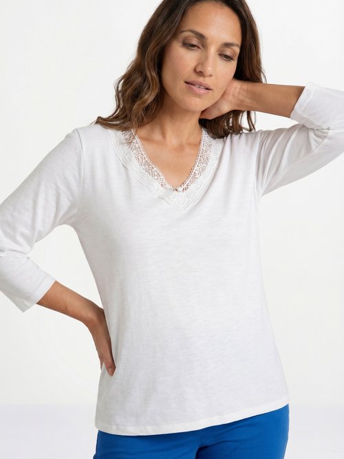 T-shirt manches 3/4 coton et macramé Femme Blanc CALZAN MV1