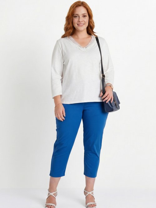 T-shirt manches 3/4 coton et macramé Femme Grande Taille Blanc CALZAN SI1